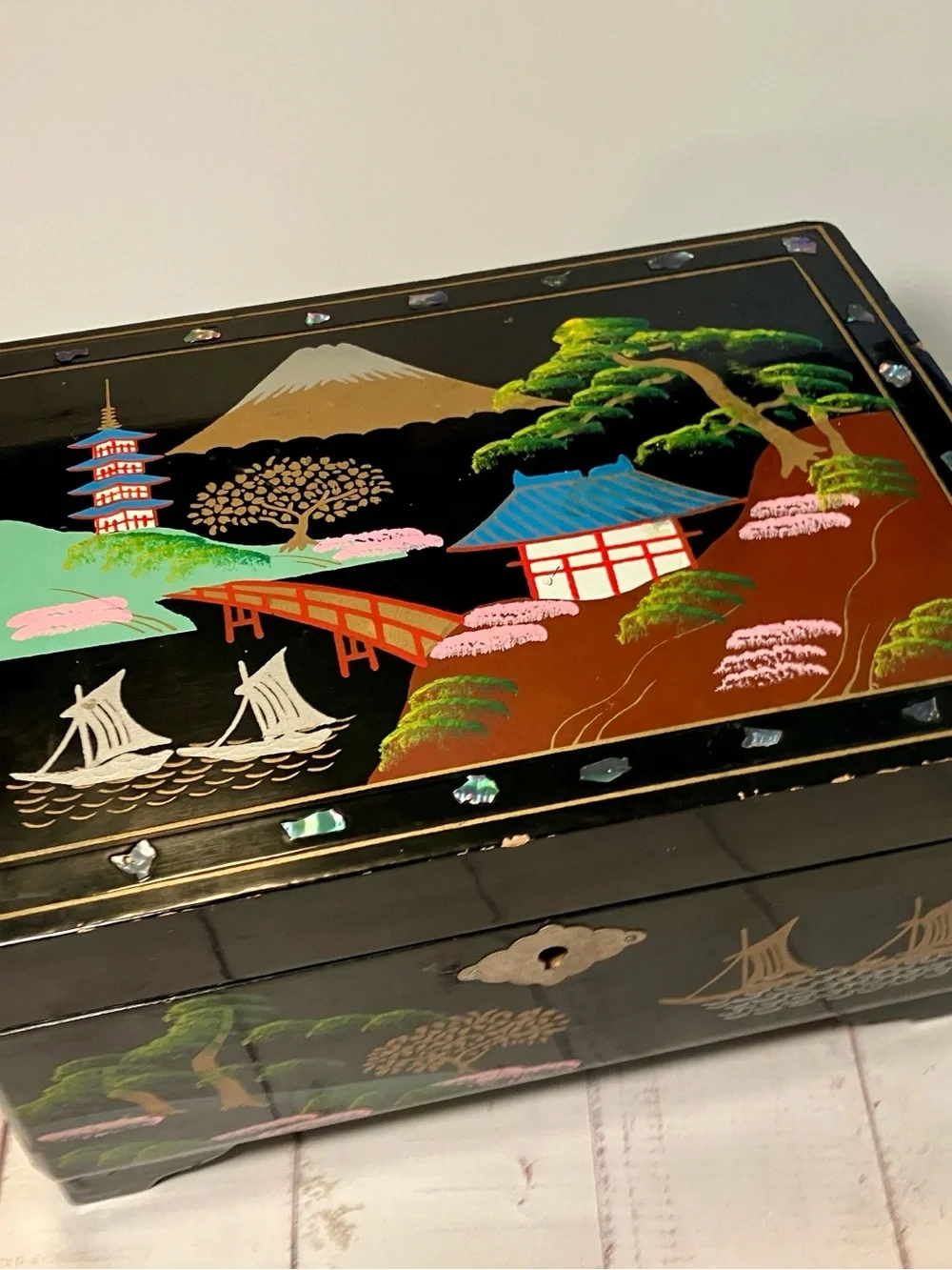 Vintage 70s 80s Japan Style Musical Jewelry Box Cherry Blossom Wood Inlay TLC